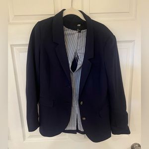H&M  navy sweatshirt material blazer jacket w tan elbow pads